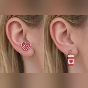 Soigne XO Heart Coffee Cup Valentine Dangle Earrings Pink Glitter Love